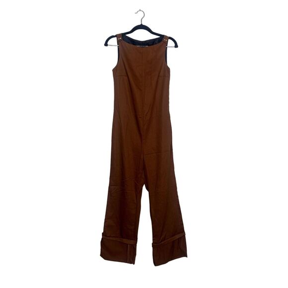 ZARA Sleeveless Jumpsuit Turned Up Hem Side Zipup Square Neck Buttons XS Brown - Picture 1 of 14